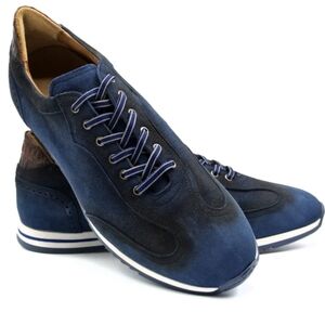 Zelli Italia Costa Italian Burnished Suede & Crocodile Tab Sneaker in Navy US 11